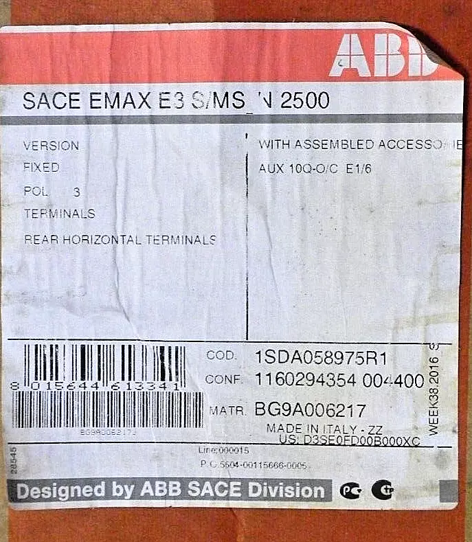قاطع هوائي ABB SACE EMAX E3 S/MS N2500 2500A CIRCUIT BREAKER 690V 3P AUX. Q1..Q10 400V