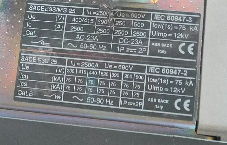 قاطع هوائي ABB SACE EMAX E3 S/MS N2500 2500A CIRCUIT BREAKER 690V 3P AUX. Q1..Q10 400V