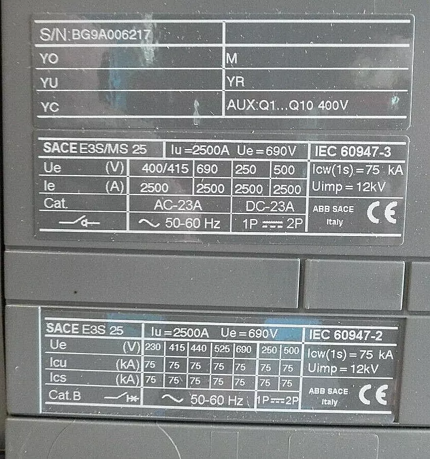 قاطع هوائي ABB SACE EMAX E3 S/MS N2500 2500A CIRCUIT BREAKER 690V 3P AUX. Q1..Q10 400V